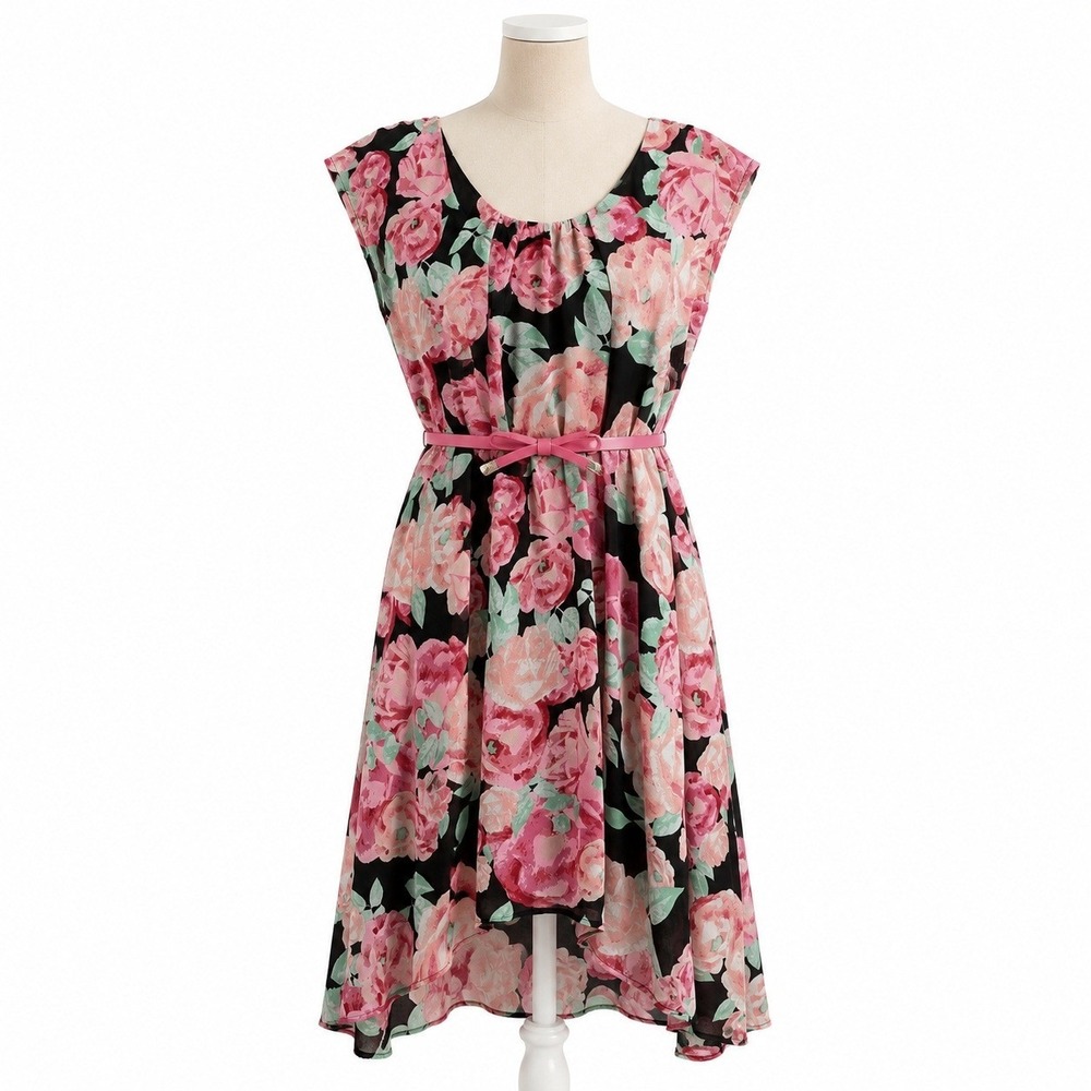 Y2K Floral Rose Chiffon Belted Dress‎ Size M Pink Indie Fairy Romantic Coquette